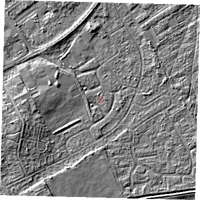 Shaded relief map of the ground around DN401DT, computed from Environment Agency LiDAR. The ground here sits at about 2 m above sea level and falls 7 m across the surrounding 800 m. Surface water reaching this point runs off ground lying to the west-south-west, 4.3 m higher.
