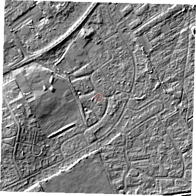 Shaded relief map of the ground around DN401DU, computed from Environment Agency LiDAR. The ground here sits at about 2 m above sea level and falls 7 m across the surrounding 800 m. Surface water reaching this point runs off ground lying to the west-north-west, 1.1 m higher.