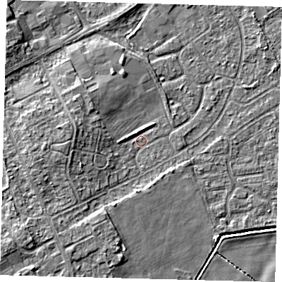 Shaded relief map of the ground around DN401DW, computed from Environment Agency LiDAR. The ground here sits at about 3 m above sea level and falls 7 m across the surrounding 800 m. Surface water reaching this point runs off ground lying to the west-south-west, 3.3 m higher.