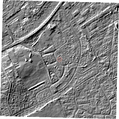 Shaded relief map of the ground around DN401DX, computed from Environment Agency LiDAR. The ground here sits at about 2 m above sea level and falls 5 m across the surrounding 800 m. Surface water reaching this point runs off ground lying to the west, 1.1 m higher.