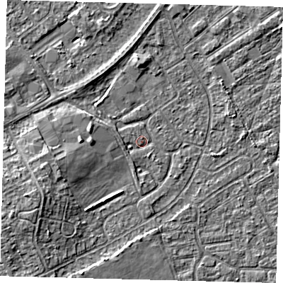 Shaded relief map of the ground around DN401DY, computed from Environment Agency LiDAR. The ground here sits at about 3 m above sea level and falls 5 m across the surrounding 800 m. Surface water reaching this point runs off ground lying to the west, 1.0 m higher.