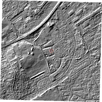 Shaded relief map of the ground around DN401DZ, computed from Environment Agency LiDAR. The ground here sits at about 2 m above sea level and falls 5 m across the surrounding 800 m. Surface water reaching this point runs off ground lying to the west, 1.0 m higher.