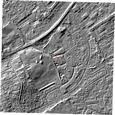 Shaded relief map of the ground around DN401EA, computed from Environment Agency LiDAR. The ground here sits at about 3 m above sea level and falls 5 m across the surrounding 800 m. Surface water reaching this point runs off ground lying to the west, 1.0 m higher.