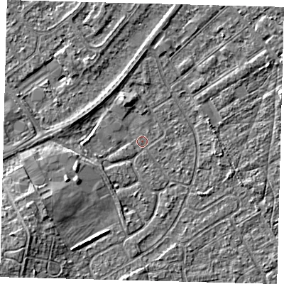 Shaded relief map of the ground around DN401EB, computed from Environment Agency LiDAR. The ground here sits at about 2 m above sea level and falls 5 m across the surrounding 800 m. Surface water reaching this point runs off ground lying to the west-south-west, 3.5 m higher.