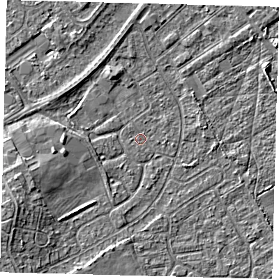 Shaded relief map of the ground around DN401ED, computed from Environment Agency LiDAR. The ground here sits at about 2 m above sea level and falls 5 m across the surrounding 800 m. Surface water reaching this point runs off ground lying to the west-south-west, 3.5 m higher.