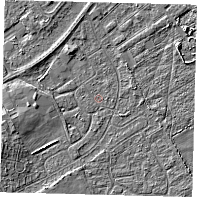 Shaded relief map of the ground around DN401EE, computed from Environment Agency LiDAR. The ground here sits at about 2 m above sea level and falls 5 m across the surrounding 800 m. Surface water reaching this point runs off ground lying to the west-south-west, 3.5 m higher.
