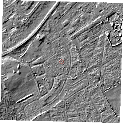 Shaded relief map of the ground around DN401EF, computed from Environment Agency LiDAR. The ground here sits at about 2 m above sea level and falls 6 m across the surrounding 800 m. Surface water reaching this point runs off ground lying to the north-east, 0.5 m higher.