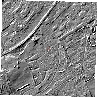 Shaded relief map of the ground around DN401EG, computed from Environment Agency LiDAR. The ground here sits at about 2 m above sea level and falls 5 m across the surrounding 800 m. Surface water reaching this point runs off ground lying to the west-north-west, 1.6 m higher.