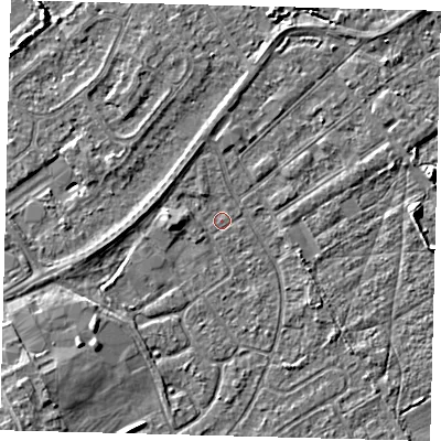 Shaded relief map of the ground around DN401EH, computed from Environment Agency LiDAR. The ground here sits at about 2 m above sea level and falls 5 m across the surrounding 800 m. Surface water reaching this point runs off ground lying to the north-north-west, 1.1 m higher.