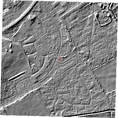 Shaded relief map of the ground around DN401EJ, computed from Environment Agency LiDAR. The ground here sits at about 2 m above sea level and falls 6 m across the surrounding 800 m. Surface water reaching this point runs off ground lying to the south-west, 3.4 m higher.