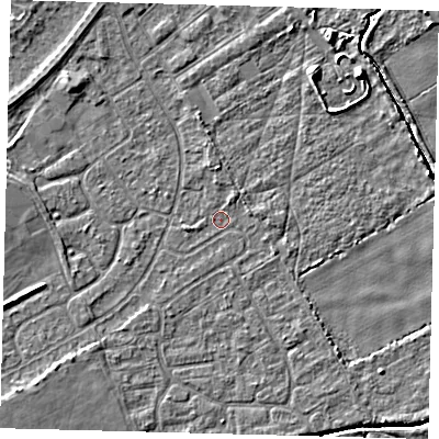 Shaded relief map of the ground around DN401EU, computed from Environment Agency LiDAR. The ground here sits at about 2 m above sea level and falls 5 m across the surrounding 800 m. Surface water reaching this point runs off ground lying to the south-west, 2.5 m higher.