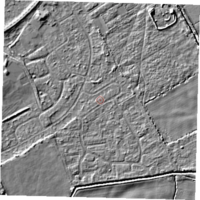 Shaded relief map of the ground around DN401EX, computed from Environment Agency LiDAR. The ground here sits at about 2 m above sea level and falls 6 m across the surrounding 800 m. The ground contributing surface water to this point lies to the west-south-west.