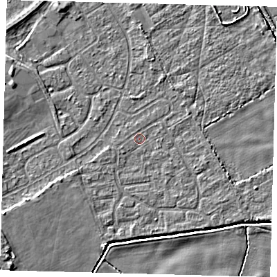 Shaded relief map of the ground around DN401EY, computed from Environment Agency LiDAR. The ground here sits at about 2 m above sea level and falls 6 m across the surrounding 800 m. Surface water reaching this point runs off ground lying to the east-south-east, 0.5 m higher.