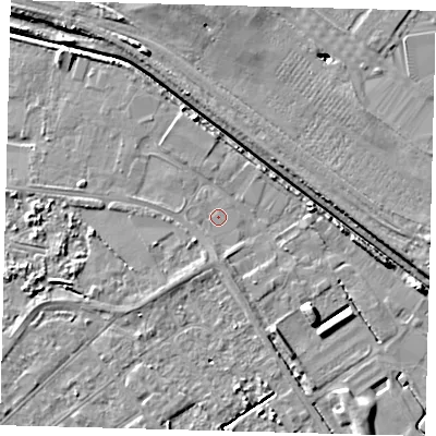 Shaded relief map of the ground around DN401FN, computed from Environment Agency LiDAR. The ground here sits at about 3 m above sea level and falls 7 m across the surrounding 800 m. Surface water reaching this point runs off ground lying to the south, 1.3 m higher.