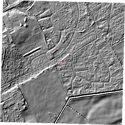 Shaded relief map of the ground around DN401HA, computed from Environment Agency LiDAR. The ground here sits at about 3 m above sea level and falls 7 m across the surrounding 800 m. The ground contributing surface water to this point lies to the north.