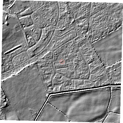 Shaded relief map of the ground around DN401HB, computed from Environment Agency LiDAR. The ground here sits at about 2 m above sea level and falls 6 m across the surrounding 800 m. Surface water reaching this point runs off ground lying to the west-south-west, 0.6 m higher.
