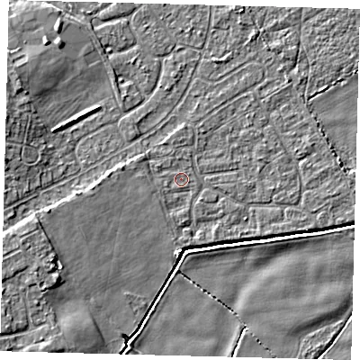 Shaded relief map of the ground around DN401HD, computed from Environment Agency LiDAR. The ground here sits at about 2 m above sea level and falls 6 m across the surrounding 800 m. Surface water reaching this point runs off ground lying to the west, 2.1 m higher.