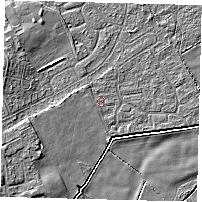 Shaded relief map of the ground around DN401HE, computed from Environment Agency LiDAR. The ground here sits at about 3 m above sea level and falls 7 m across the surrounding 800 m. Surface water reaching this point runs off ground lying to the west, 1.7 m higher.