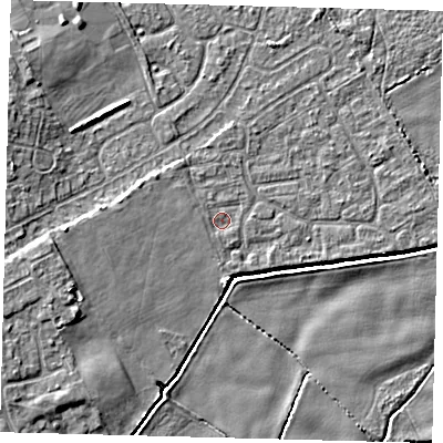 Shaded relief map of the ground around DN401HF, computed from Environment Agency LiDAR. The ground here sits at about 2 m above sea level and falls 6 m across the surrounding 800 m. Surface water reaching this point runs off ground lying to the west, 1.9 m higher.