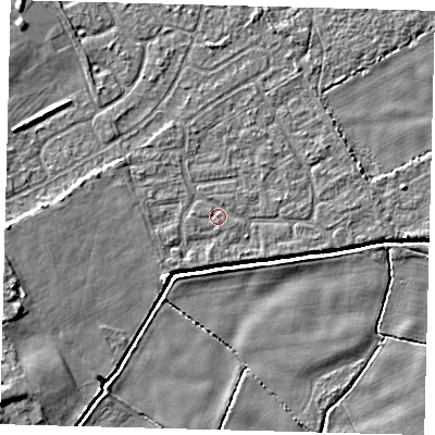 Shaded relief map of the ground around DN401HG, computed from Environment Agency LiDAR. The ground here sits at about 2 m above sea level and falls 6 m across the surrounding 800 m. Surface water reaching this point runs off ground lying to the west, 2.1 m higher.