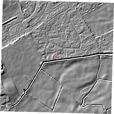 Shaded relief map of the ground around DN401HL, computed from Environment Agency LiDAR. The ground here sits at about 2 m above sea level and falls 6 m across the surrounding 800 m. Surface water reaching this point runs off ground lying to the west, 5.7 m higher.