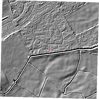 Shaded relief map of the ground around DN401HN, computed from Environment Agency LiDAR. The ground here sits at about 2 m above sea level and falls 5 m across the surrounding 800 m. Surface water reaching this point runs off ground lying to the west, 0.9 m higher.