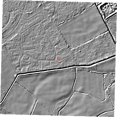 Shaded relief map of the ground around DN401HP, computed from Environment Agency LiDAR. The ground here sits at about 2 m above sea level and falls 5 m across the surrounding 800 m. Surface water reaching this point runs off ground lying to the west-north-west, 1.3 m higher.