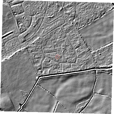 Shaded relief map of the ground around DN401HQ, computed from Environment Agency LiDAR. The ground here sits at about 2 m above sea level and falls 5 m across the surrounding 800 m. The ground contributing surface water to this point lies to the east.