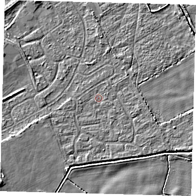 Shaded relief map of the ground around DN401HR, computed from Environment Agency LiDAR. The ground here sits at about 2 m above sea level and falls 5 m across the surrounding 800 m. Surface water reaching this point runs off ground lying to the east, 0.5 m higher.