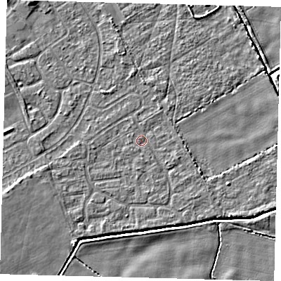 Shaded relief map of the ground around DN401HS, computed from Environment Agency LiDAR. The ground here sits at about 2 m above sea level and falls 5 m across the surrounding 800 m. Surface water reaching this point runs off ground lying to the west-south-west, 2.3 m higher.