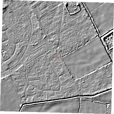 Shaded relief map of the ground around DN401HT, computed from Environment Agency LiDAR. The ground here sits at about 2 m above sea level and falls 6 m across the surrounding 800 m. Surface water reaching this point runs off ground lying to the west-south-west, 1.9 m higher.