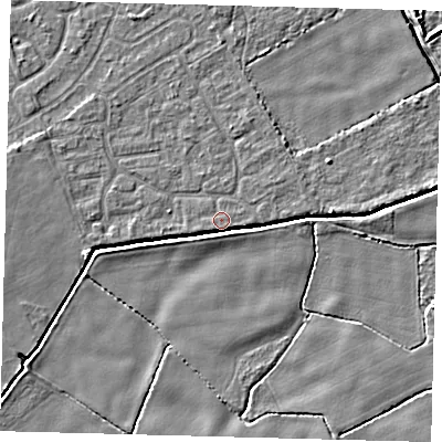 Shaded relief map of the ground around DN401HW, computed from Environment Agency LiDAR. The ground here sits at about 2 m above sea level and falls 5 m across the surrounding 800 m. Surface water reaching this point runs off ground lying to the west-south-west, 4.4 m higher.