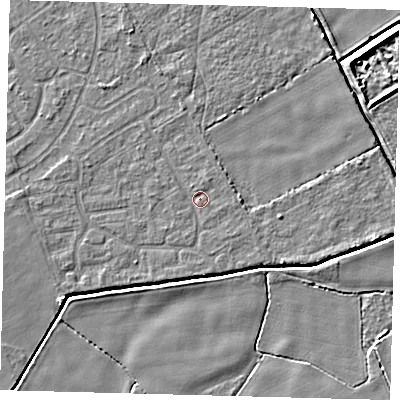 Shaded relief map of the ground around DN401HY, computed from Environment Agency LiDAR. The ground here sits at about 2 m above sea level and falls 5 m across the surrounding 800 m. Surface water reaching this point runs off ground lying to the west, 1.4 m higher.