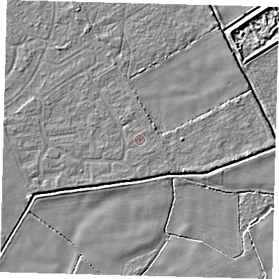 Shaded relief map of the ground around DN401JA, computed from Environment Agency LiDAR. The ground here sits at about 2 m above sea level and falls 5 m across the surrounding 800 m. The ground contributing surface water to this point lies to the south-east.