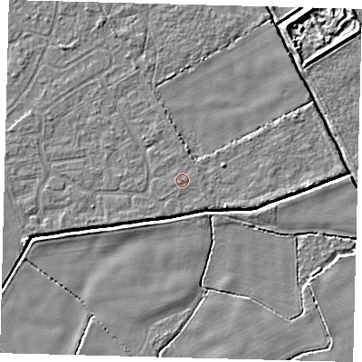 Shaded relief map of the ground around DN401JB, computed from Environment Agency LiDAR. The ground here sits at about 2 m above sea level and falls 5 m across the surrounding 800 m. The ground contributing surface water to this point lies to the east-north-east.