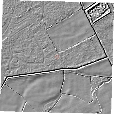 Shaded relief map of the ground around DN401JD, computed from Environment Agency LiDAR. The ground here sits at about 2 m above sea level and falls 5 m across the surrounding 800 m. The ground contributing surface water to this point lies to the south-west.