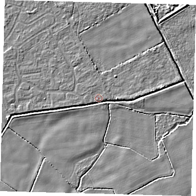 Shaded relief map of the ground around DN401JE, computed from Environment Agency LiDAR. The ground here sits at about 2 m above sea level and falls 5 m across the surrounding 800 m. Surface water reaching this point runs off ground lying to the west-south-west, 4.4 m higher.