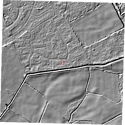 Shaded relief map of the ground around DN401JF, computed from Environment Agency LiDAR. The ground here sits at about 2 m above sea level and falls 5 m across the surrounding 800 m. Surface water reaching this point runs off ground lying to the west-north-west, 1.7 m higher.