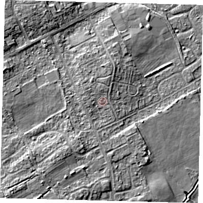 Shaded relief map of the ground around DN401JL, computed from Environment Agency LiDAR. The ground here sits at about 5 m above sea level and falls 7 m across the surrounding 800 m. Surface water reaching this point runs off ground lying to the north-north-east, 1.1 m higher.