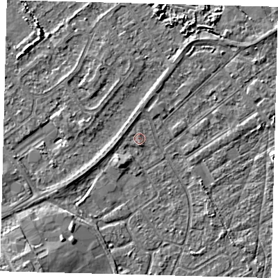 Shaded relief map of the ground around DN401JP, computed from Environment Agency LiDAR. The ground here sits at about 3 m above sea level and falls 4 m across the surrounding 800 m. Surface water reaching this point runs off ground lying to the west-south-west, 1.0 m higher.