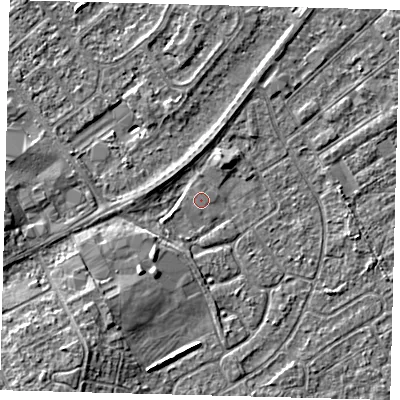 Shaded relief map of the ground around DN401JS, computed from Environment Agency LiDAR. The ground here sits at about 3 m above sea level and falls 5 m across the surrounding 800 m. The ground contributing surface water to this point lies to the west-north-west.