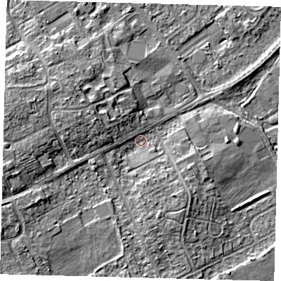 Shaded relief map of the ground around DN401JU, computed from Environment Agency LiDAR. The ground here sits at about 4 m above sea level and falls 7 m across the surrounding 800 m. Surface water reaching this point runs off ground lying to the west, 4.9 m higher.