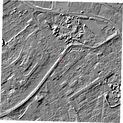 Shaded relief map of the ground around DN401JW, computed from Environment Agency LiDAR. The ground here sits at about 3 m above sea level and falls 5 m across the surrounding 800 m. Surface water reaching this point runs off ground lying to the west-south-west, 0.8 m higher.