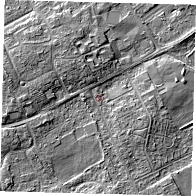Shaded relief map of the ground around DN401JX, computed from Environment Agency LiDAR. The ground here sits at about 5 m above sea level and falls 8 m across the surrounding 800 m. Surface water reaching this point runs off ground lying to the west-north-west, 4.5 m higher.