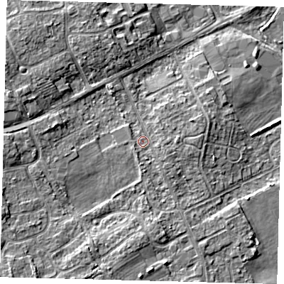 Shaded relief map of the ground around DN401JY, computed from Environment Agency LiDAR. The ground here sits at about 5 m above sea level and falls 7 m across the surrounding 800 m. Surface water reaching this point runs off ground lying to the south-south-east, 1.6 m higher.