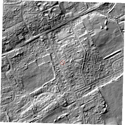 Shaded relief map of the ground around DN401JZ, computed from Environment Agency LiDAR. The ground here sits at about 5 m above sea level and falls 7 m across the surrounding 800 m. Surface water reaching this point runs off ground lying to the east, 1.2 m higher.