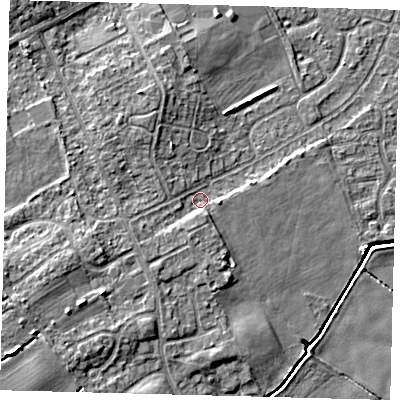 Shaded relief map of the ground around DN401LF, computed from Environment Agency LiDAR. The ground here sits at about 4 m above sea level and falls 8 m across the surrounding 800 m. Surface water reaching this point runs off ground lying to the north-north-west, 2.4 m higher.