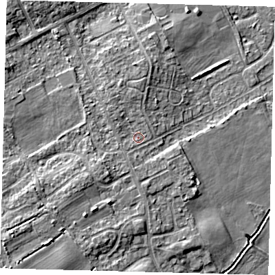 Shaded relief map of the ground around DN401LG, computed from Environment Agency LiDAR. The ground here sits at about 5 m above sea level and falls 8 m across the surrounding 800 m. Surface water reaching this point runs off ground lying to the north-north-west, 1.8 m higher.