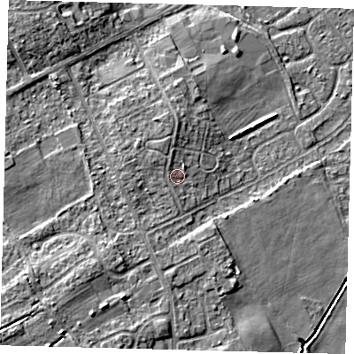 Shaded relief map of the ground around DN401LH, computed from Environment Agency LiDAR. The ground here sits at about 5 m above sea level and falls 7 m across the surrounding 800 m. Surface water reaching this point runs off ground lying to the north-north-west, 1.2 m higher.