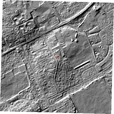 Shaded relief map of the ground around DN401LN, computed from Environment Agency LiDAR. The ground here sits at about 6 m above sea level and falls 6 m across the surrounding 800 m. Surface water reaching this point runs off ground lying to the south, 1.1 m higher.